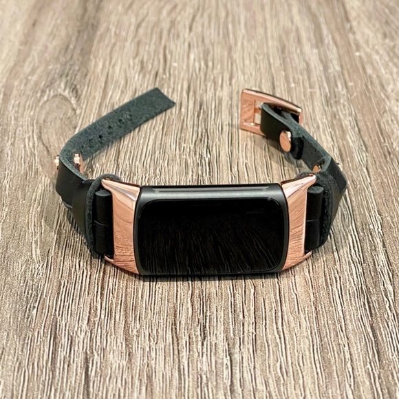 Black Leather Slim Strap Fitbit Charge 5 Band Rose Gold Jewelry Women Bracelet - Picture 3 of 8
